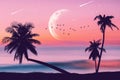Silhouette palm tree at tropical night beach and full moon with birds flying on sunset sky abstract background. Nature environment Royalty Free Stock Photo