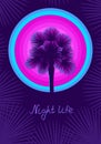 Silhouette of a palm tree and tropical sunset on violet background. Flyer for night club with copy space Royalty Free Stock Photo