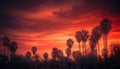 Silhouette of palm trees back lit by vibrant sunset sky generated by AI Royalty Free Stock Photo