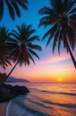 Silhouette of palm trees Beautiful sunset on the tropical sea beach background for travel in holiday relax time, Royalty Free Stock Photo