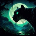 A silhouette of panther in a jungle, againts the moonlit in night scene, river, tree, nature view, animal art, painting