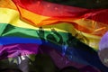 silhouette of a parade of gays and lesbians with a rainbow flag - symbol of love and tolerance