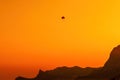 Silhouette of a paraglider soaring over the mountains and the sea at sunset. Extreme sports. Royalty Free Stock Photo