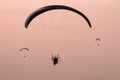 Silhouette of the Paramotor gliding and flying In the air through soft sunlight sky Royalty Free Stock Photo