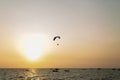 Silhouette of Paramotors flying to sky on sunset Adventure man active extreme sport pilot flying in sky with paramotor engine glid Royalty Free Stock Photo