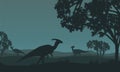 Silhouette of parasaurolophus walking in fields