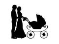 Silhouette parents pushing baby stroller Royalty Free Stock Photo