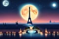 silhouette of paris skyline by night with the full moon and stars in the sky Royalty Free Stock Photo