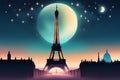 silhouette of paris skyline by night with the full moon and stars in the sky Royalty Free Stock Photo