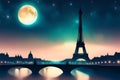 silhouette of paris skyline by night with the full moon and stars in the sky Royalty Free Stock Photo