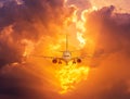 Silhouette passenger airplane flying away in to sky high altitude during sunset time Royalty Free Stock Photo