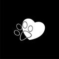 Silhouette of a paw print with a heart symbol icon or logo on dark background Royalty Free Stock Photo