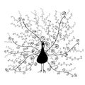 Silhouette of peacock with ornamental spiral tail