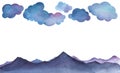 Silhouette peaked mountain ranges under cute cartoon blue clouds. Landscape decorative border element Royalty Free Stock Photo