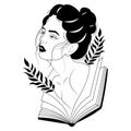 Silhouette of a pensive girl loving to read books. A symbol of curiosity and wisdom. Decoration design for paintings, tattoos