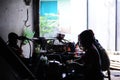 silhouette of people buying breakfast