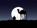 Silhouette of the people and the camel on the top of the hill has the moon and blue sky in the background Royalty Free Stock Photo