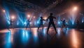 silhouette people dancing in the nightclub A cosmic dance of light and sound, where the blue electric lighting is the music, Royalty Free Stock Photo