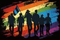 silhouette of People in a gay pride parade, LGBT flag background Royalty Free Stock Photo