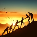 Silhouette of the people helping each others, cross the hill, symbol of a good teamwork, communication, goals achivement