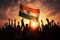 Silhouette of People Holding India Flag in the Air at Sunset, Silhouette of a group of people waving Indian flags in backlit, AI Royalty Free Stock Photo