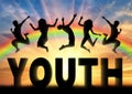 Silhouette people jumping over the word youth Royalty Free Stock Photo