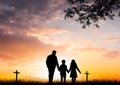 Silhouette people looking for the cross on autumn sunrise background Royalty Free Stock Photo