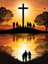 Silhouette people looking for the cross on autumn sunrise background Royalty Free Stock Photo