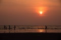 Silhouette people playing on beach in the sea Royalty Free Stock Photo