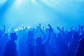 Silhouette of people with raised hands on concer. Crowd on music show Royalty Free Stock Photo