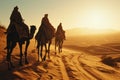 Silhouette people riding camels in desert native tuareg arabic african person Sahara wildlife tourist attraction Dubai Royalty Free Stock Photo