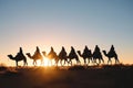 Silhouette people riding camels in desert native tuareg arabic african person Sahara wildlife tourist attraction Dubai Royalty Free Stock Photo