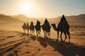 Silhouette people riding camels in desert native tuareg arabic african person Sahara wildlife tourist attraction Dubai Royalty Free Stock Photo