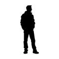 silhouette people of a slim young casual man full length profile standing, black color isolated on transparent png background