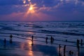 Silhouette of people on the sunset beach, nature Royalty Free Stock Photo