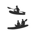 Silhouette of people swimming in a canoe. Black white illustration of a kayak with man. Vector drawing of rowing boat for logo.