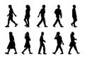 Silhouette people walking set, Black men and women on white background