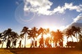 Silhouette of people walking at sunset on crowded Waikiki Royalty Free Stock Photo