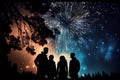 Silhouette of people watching amazing colorful fireworks display new years eve or diwali Royalty Free Stock Photo