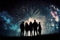 Silhouette of people watching amazing colorful fireworks display Royalty Free Stock Photo