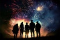 Silhouette of people watching amazing colorful fireworks display Royalty Free Stock Photo