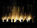 Silhouette of people watching at colorful illuminated musical fountains in the evening. Light and water night show performance