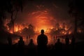 silhouette People watching forest fire in night Royalty Free Stock Photo