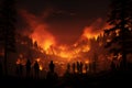 silhouette People watching forest fire in night Royalty Free Stock Photo