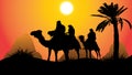 Silhouette peoples riding camels into the sunset with them squad. Royalty Free Stock Photo