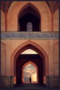 Silhouette of a Persian woman in national dress against the background of traditional Iranian architecture. Sunset. Iran. Kashan.