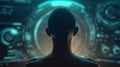 Silhouette of Person Analyzing Digital Data Screens in Dark Futuristic Space, Ai generated images Royalty Free Stock Photo