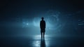 Silhouette of Person Analyzing Digital Data Screens in Dark Futuristic SpaceAi generated images Royalty Free Stock Photo
