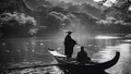 silhouette of a person in a boat black and white photo Boatman punting the boat at river. in autumn season along the river