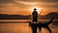 silhouette of a person in a boat samurai silhouette sunset conceptual design Royalty Free Stock Photo